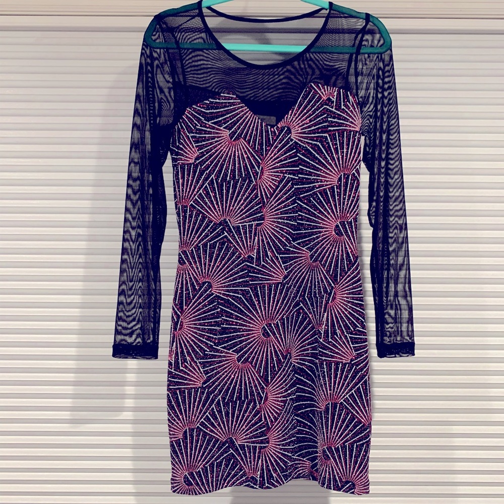 Bailey Blue Pink and White sparkle pattern formal dress with mesh sleeves
